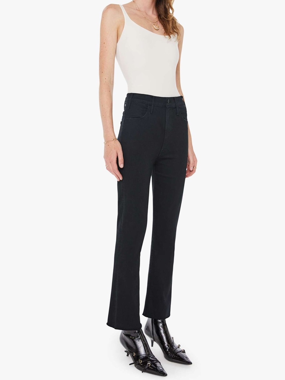 MOTHER The Hustler Ankle Fray Jeans 28 Black High Rise Cropped Flare Raw Hem Y2K